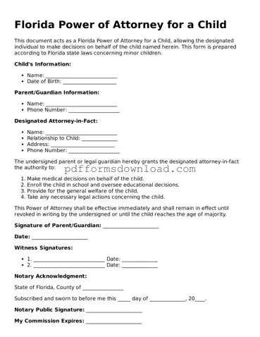 Printable Florida Power of Attorney for a Child Form