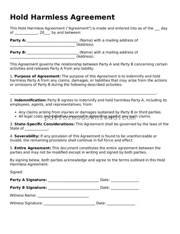 Official Hold Harmless Agreement Document