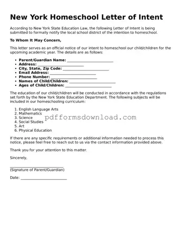 Printable New York Homeschool Letter of Intent Form