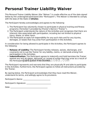 Official Personal Trainer Liability Waiver Document