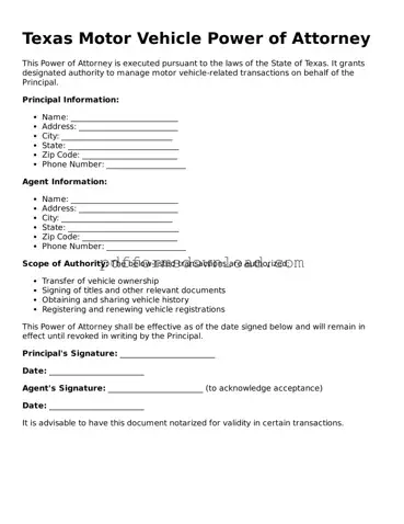 Printable Texas Motor Vehicle Power of Attorney Form