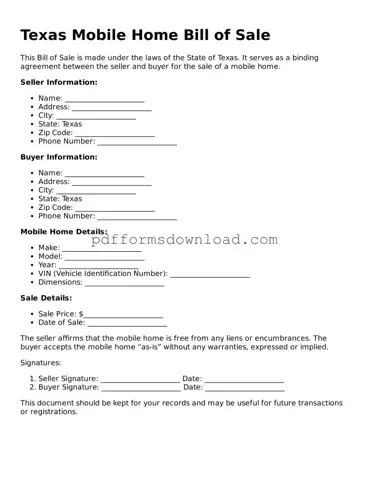 Printable Texas Mobile Home Bill of Sale Form