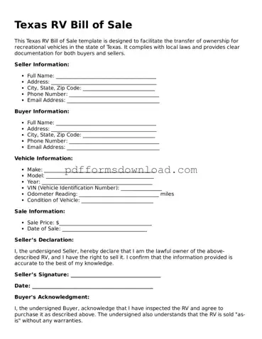 Printable Texas RV Bill of Sale Form
