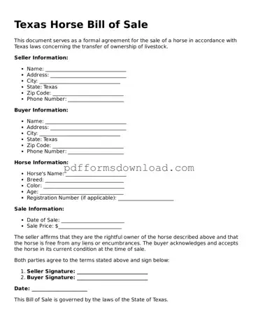 Printable Texas Horse Bill of Sale Form