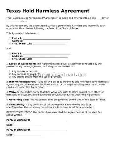 Printable Texas Hold Harmless Agreement Form