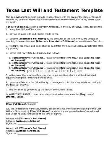 Printable Texas Last Will and Testament Form