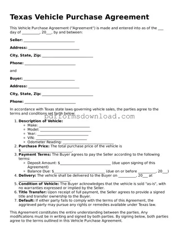 Printable Texas Vehicle Purchase Agreement Form