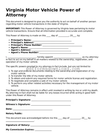 Printable Virginia Motor Vehicle Power of Attorney Form