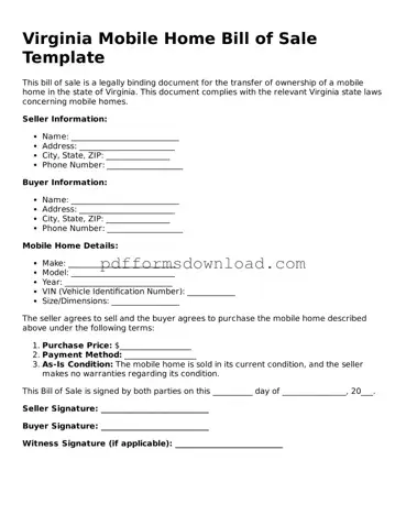 Printable Virginia Mobile Home Bill of Sale Form