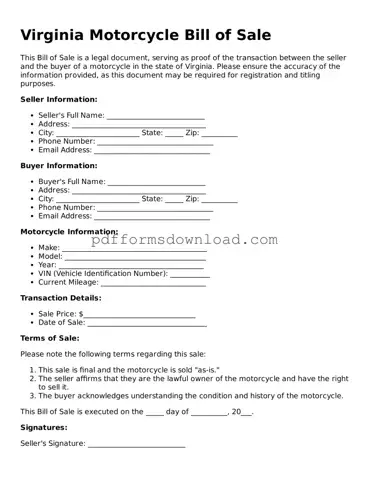 Printable Virginia Motorcycle Bill of Sale Form