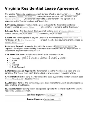Printable Virginia Residential Lease Agreement Form