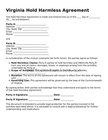 Printable Virginia Hold Harmless Agreement Form