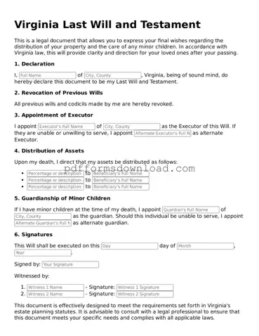 Printable Virginia Last Will and Testament Form