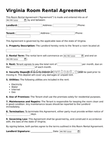 Printable Virginia Room Rental Agreement Form