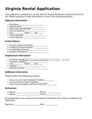 Printable Virginia Rental Application Form