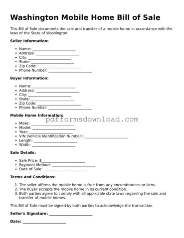 Printable Washington Mobile Home Bill of Sale Form