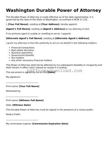 Printable Washington Durable Power of Attorney Form