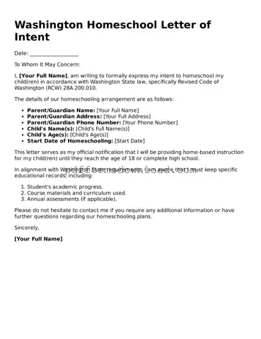 Printable Washington Homeschool Letter of Intent Form