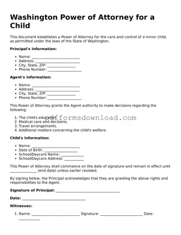 Printable Washington Power of Attorney for a Child Form