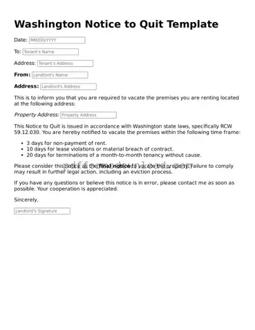Printable Washington Notice to Quit Form