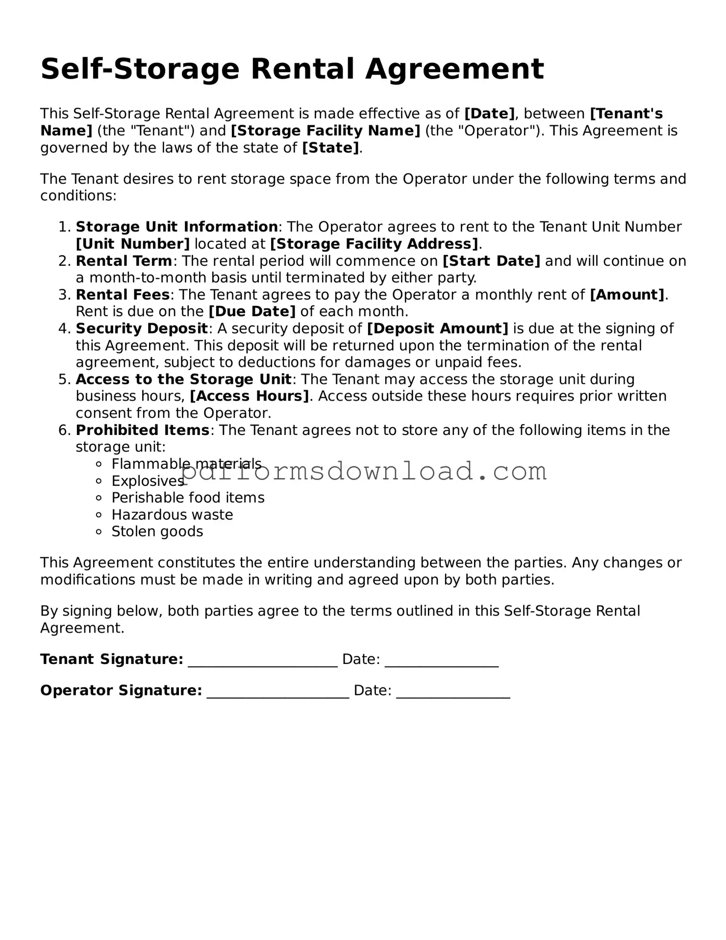 Official Self-Storage Rental Agreement Document