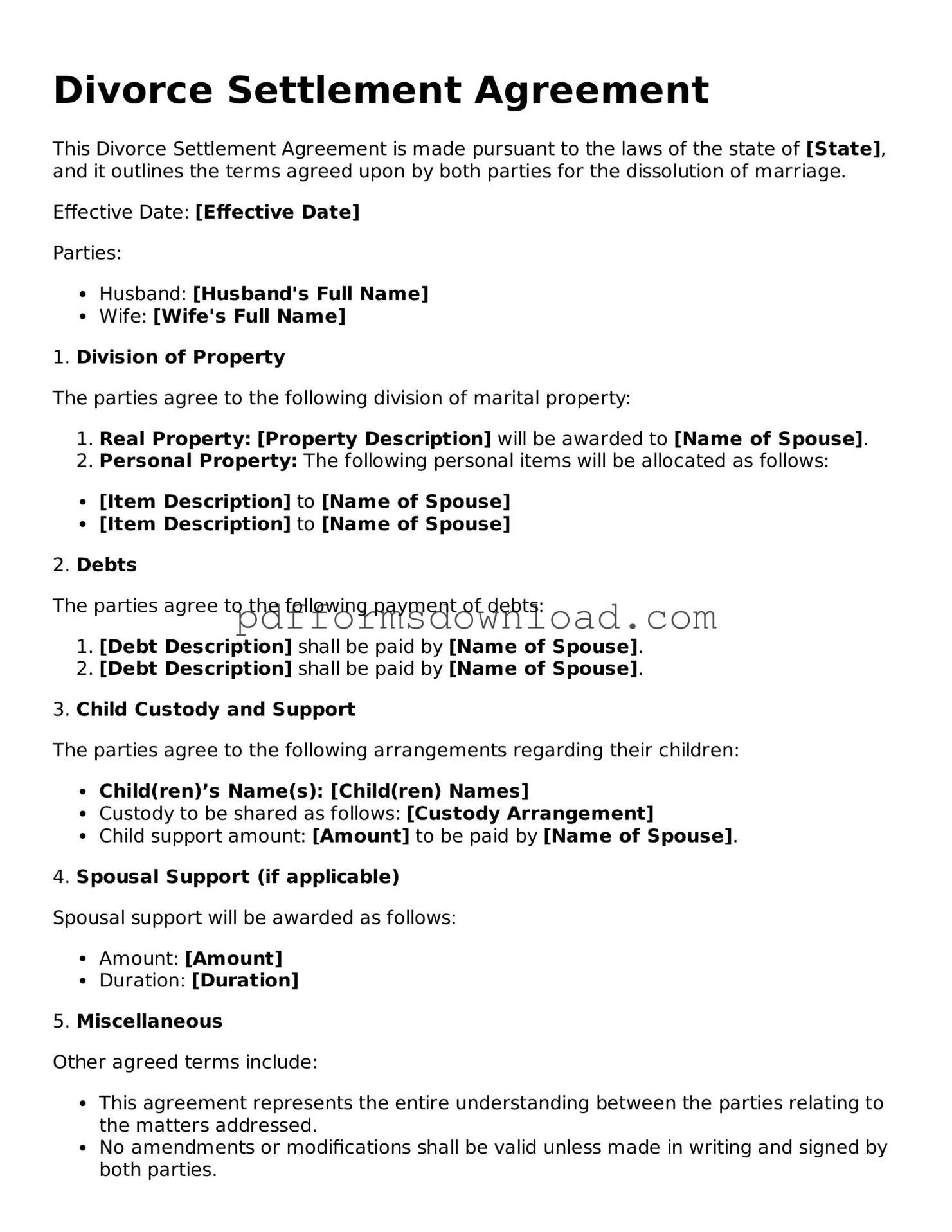 Official Divorce Settlement Agreement Document