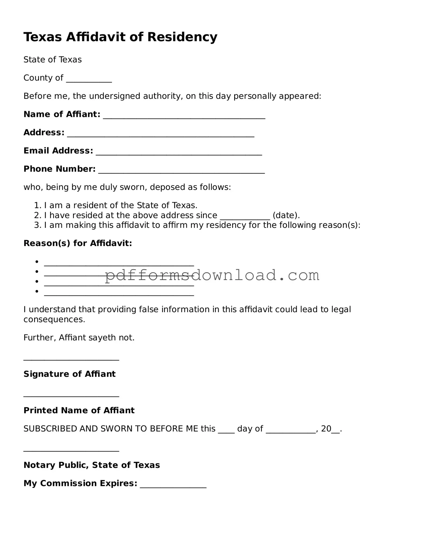 Printable Texas Affidavit of Residency Form