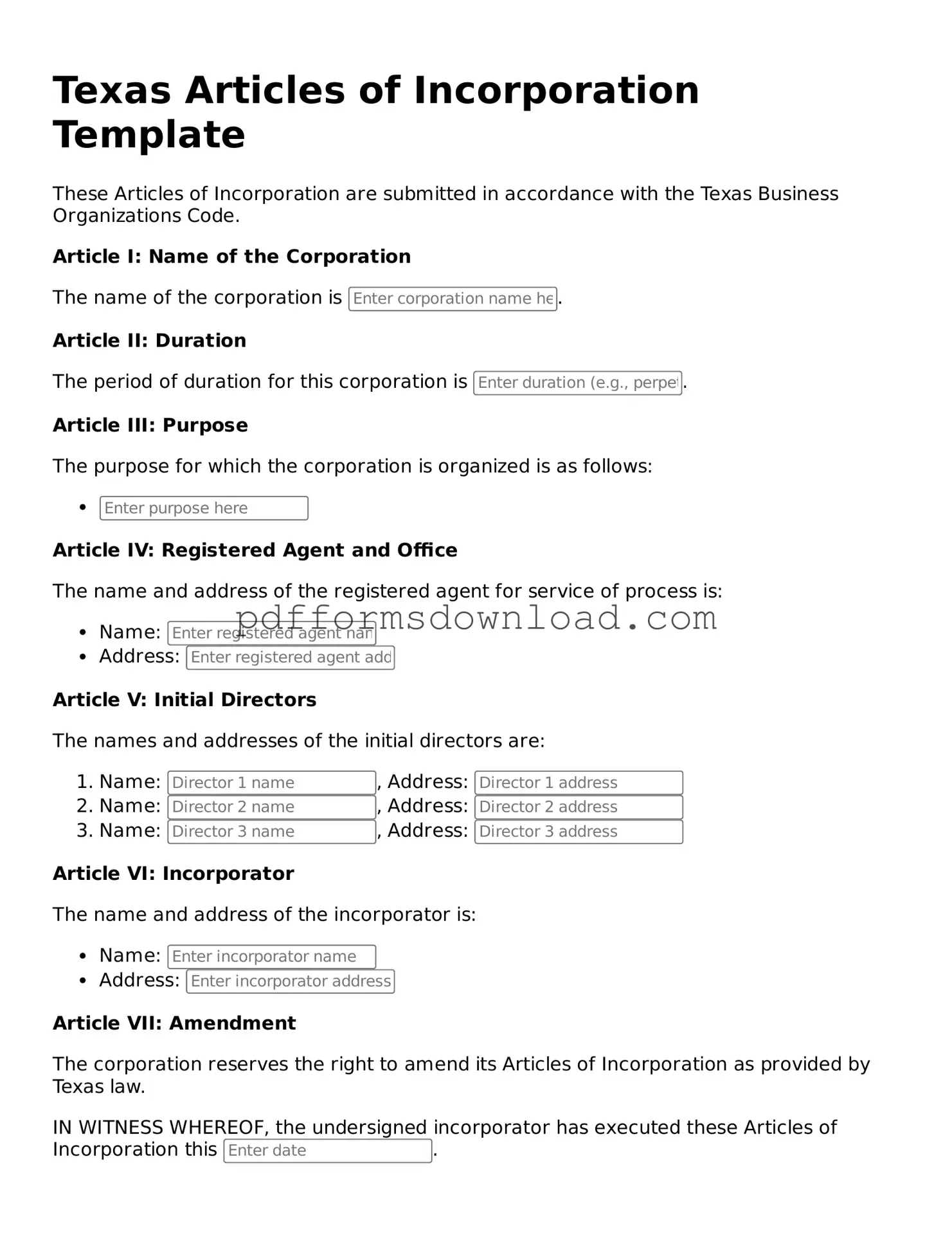 Printable Texas Articles of Incorporation Form