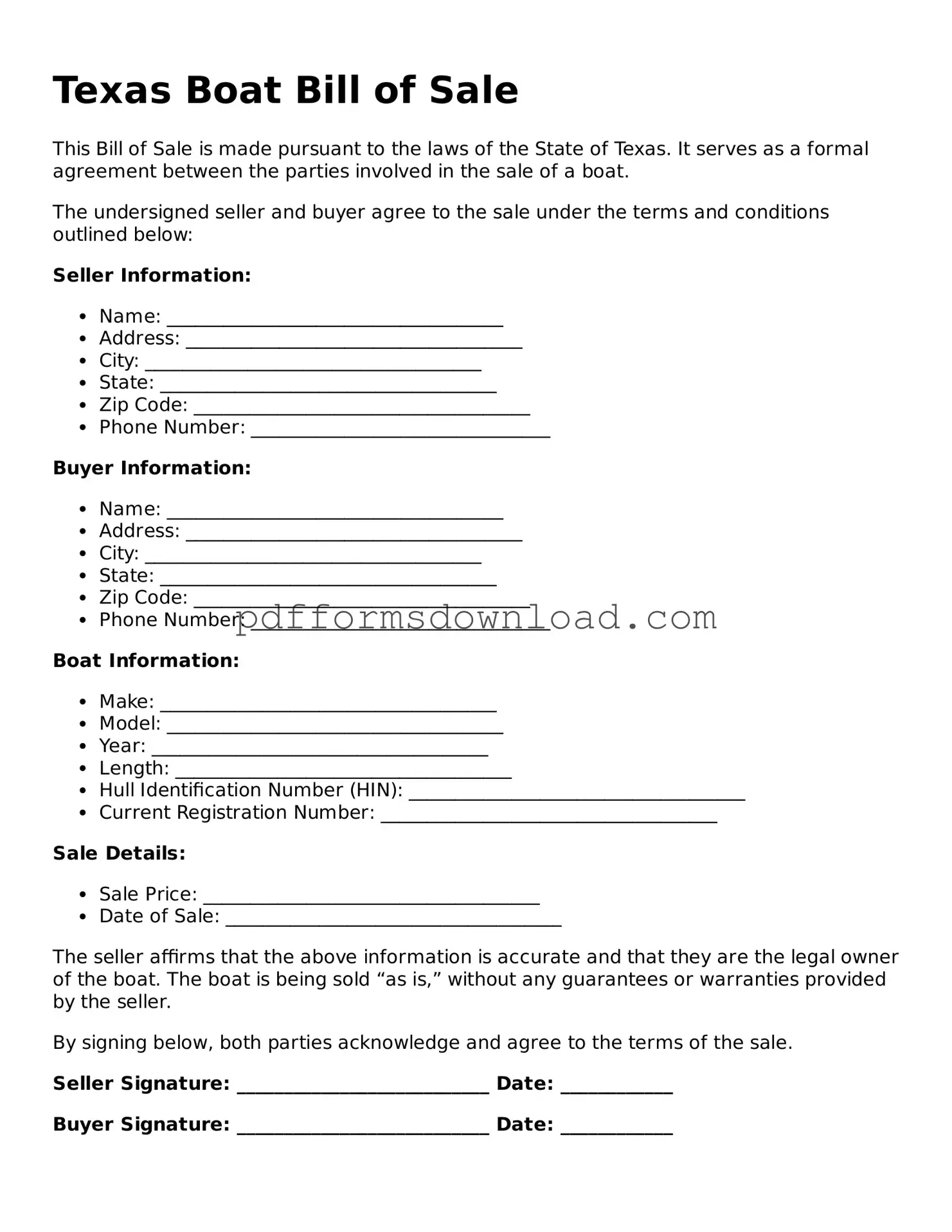 Printable Texas Boat Bill of Sale Form
