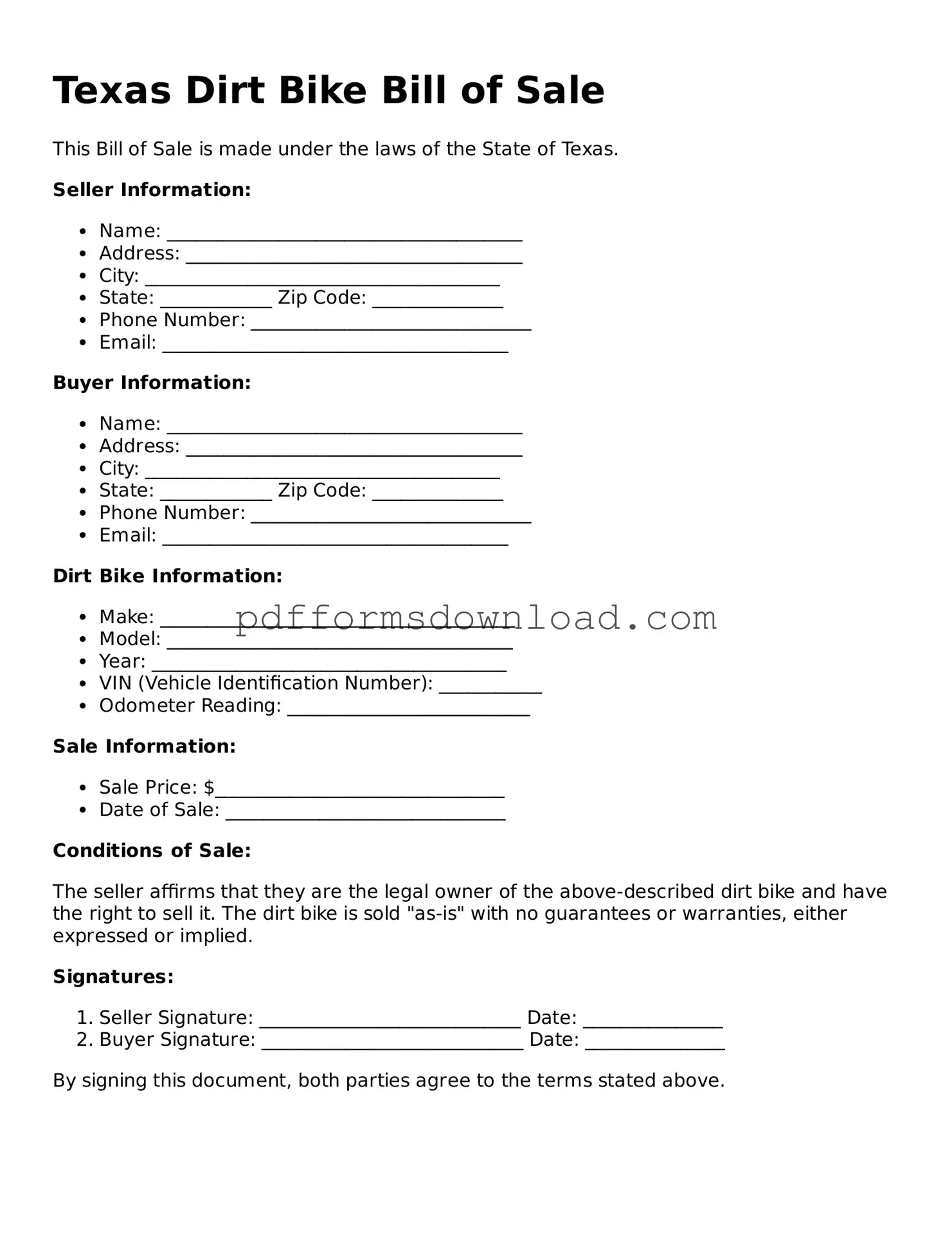 Printable Texas Dirt Bike Bill of Sale Form
