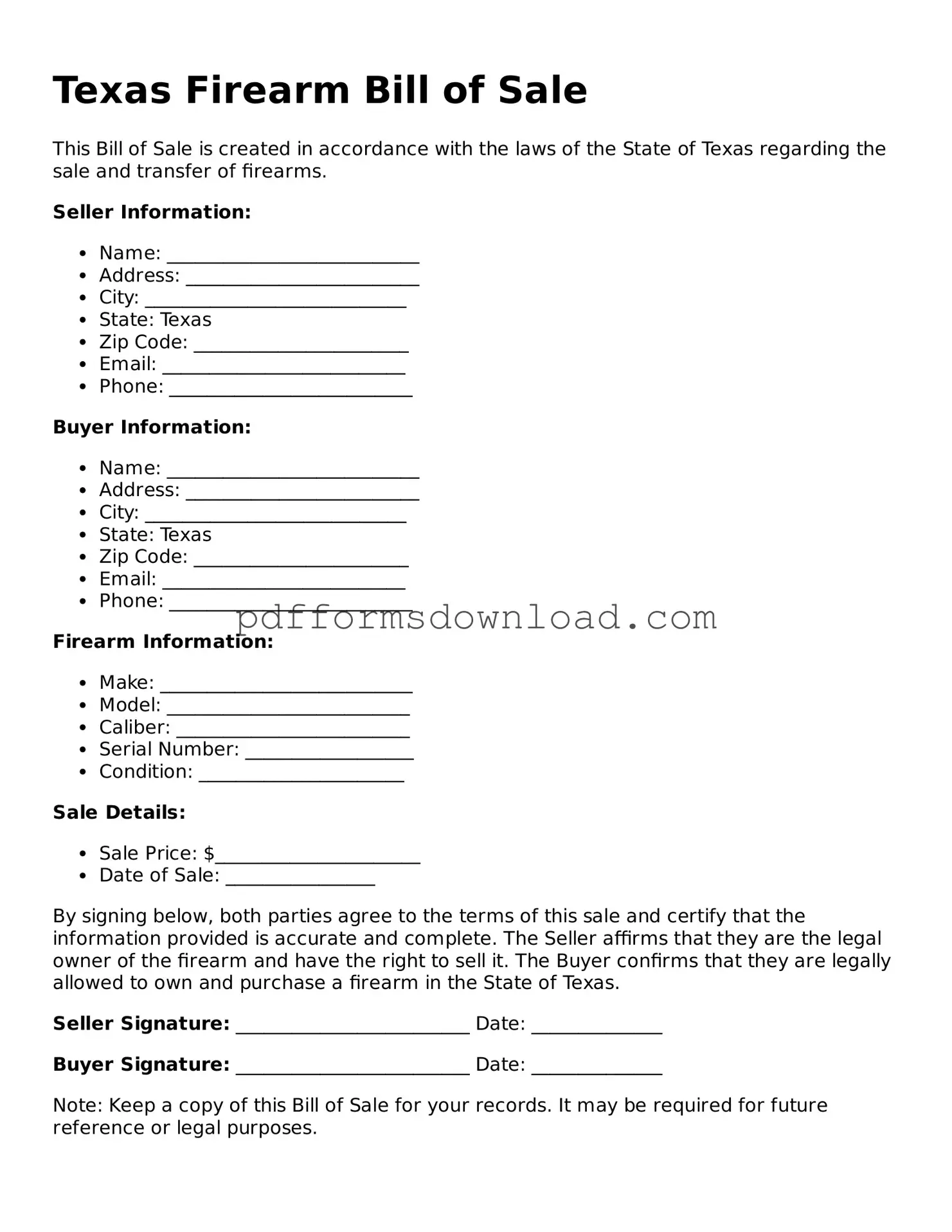 Printable Texas Firearm Bill of Sale Form