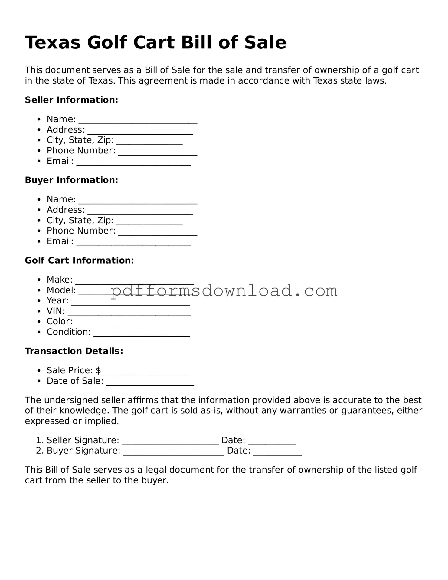 Printable Texas Golf Cart Bill of Sale Form