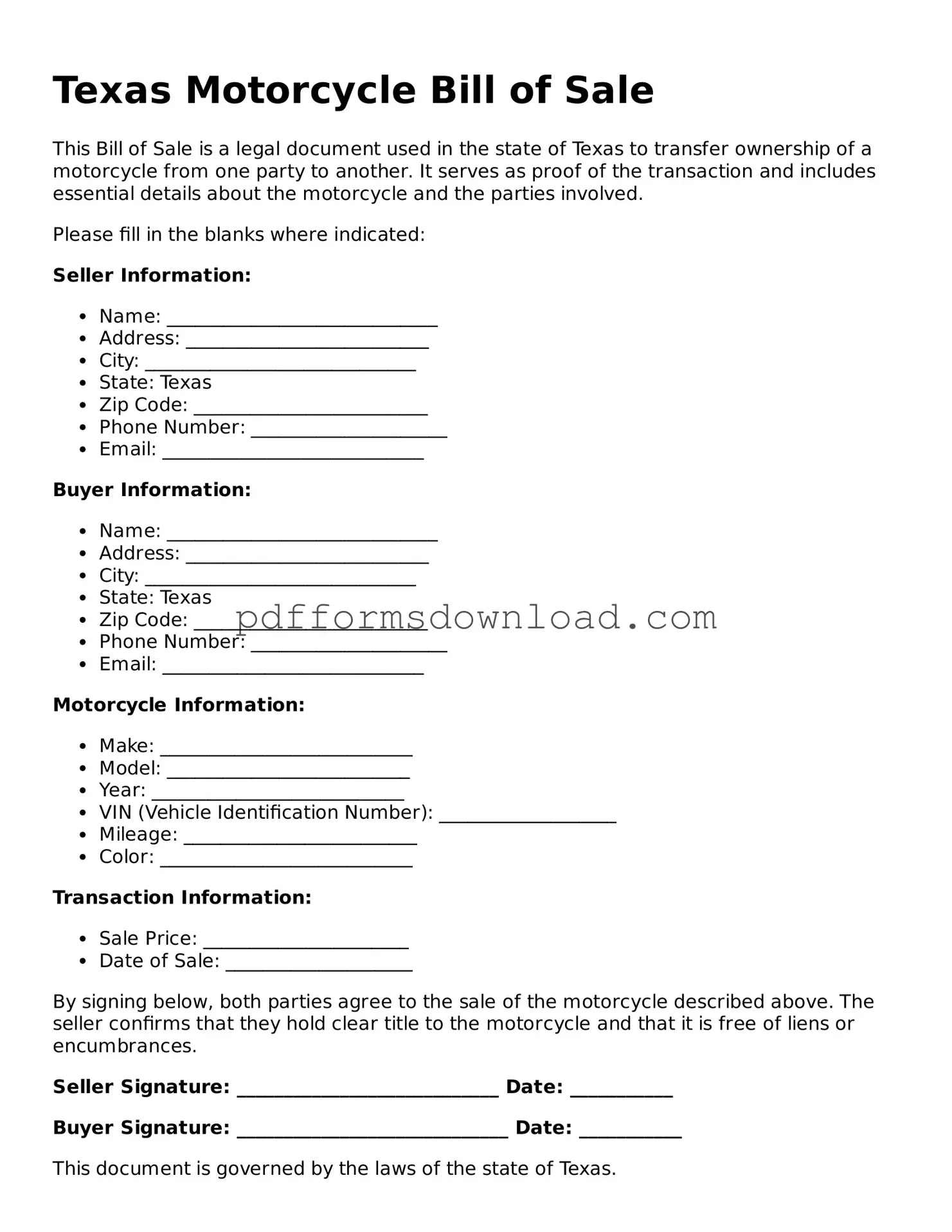 Printable Texas Motorcycle Bill of Sale Form