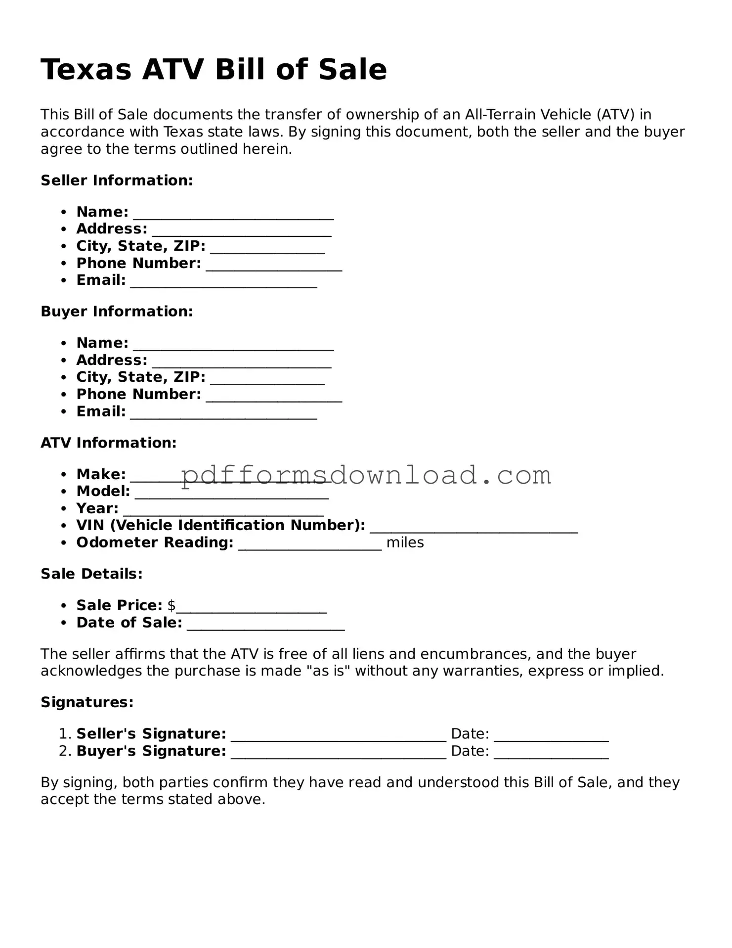 Printable Texas ATV Bill of Sale Form