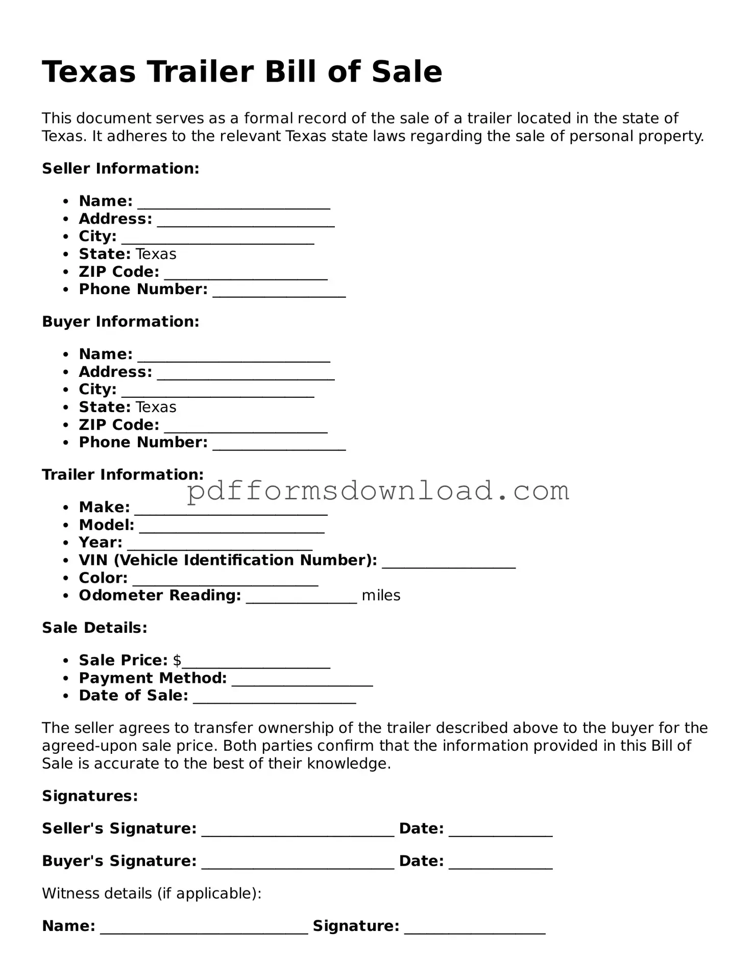 Printable Texas Trailer Bill of Sale Form