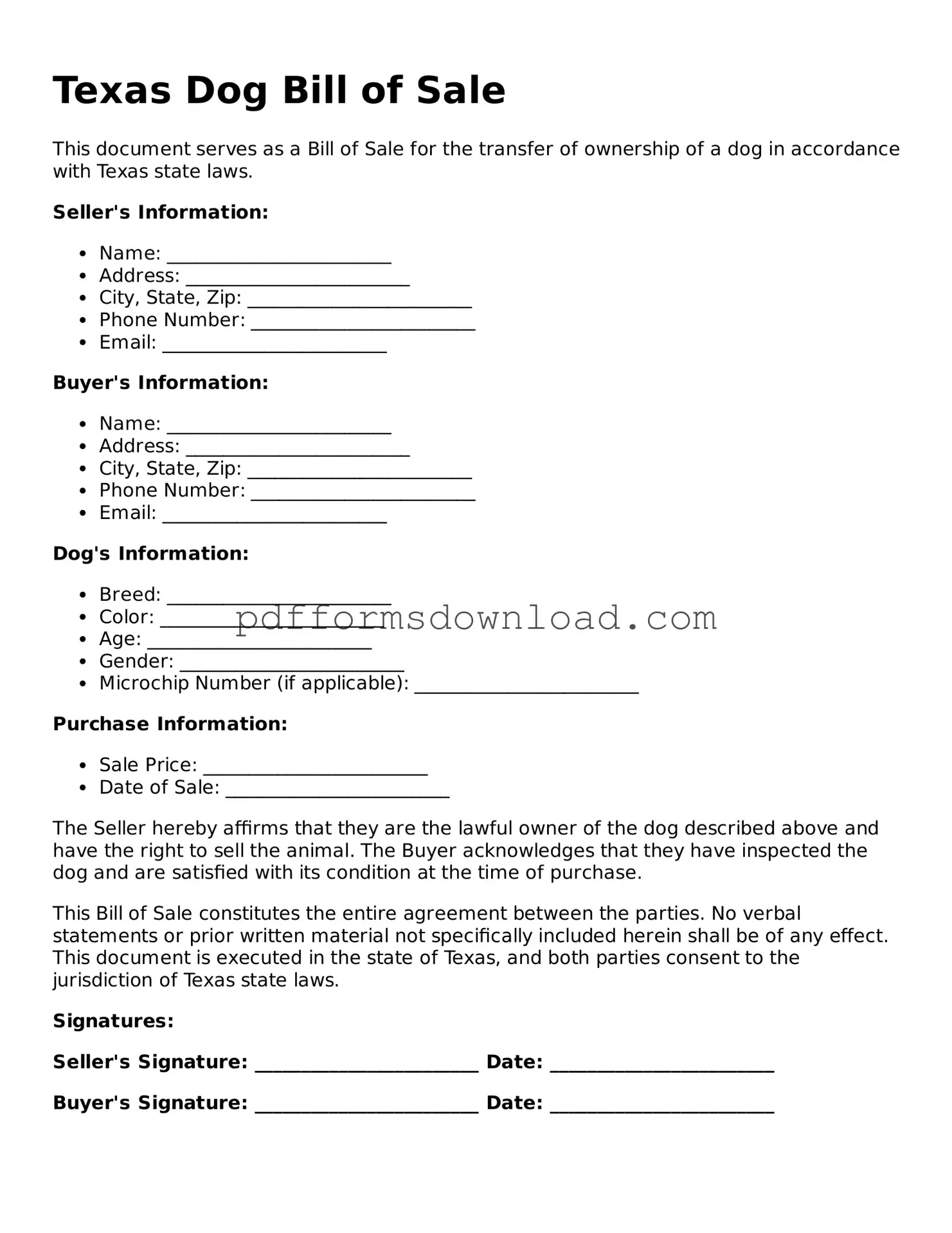 Printable Texas Dog Bill of Sale Form