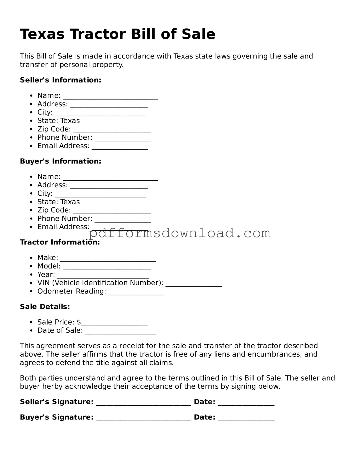 Printable Texas Tractor Bill of Sale Form