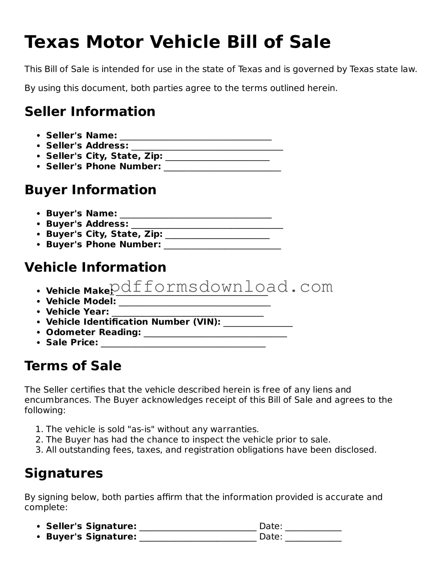 Printable Texas Motor Vehicle Bill of Sale Form