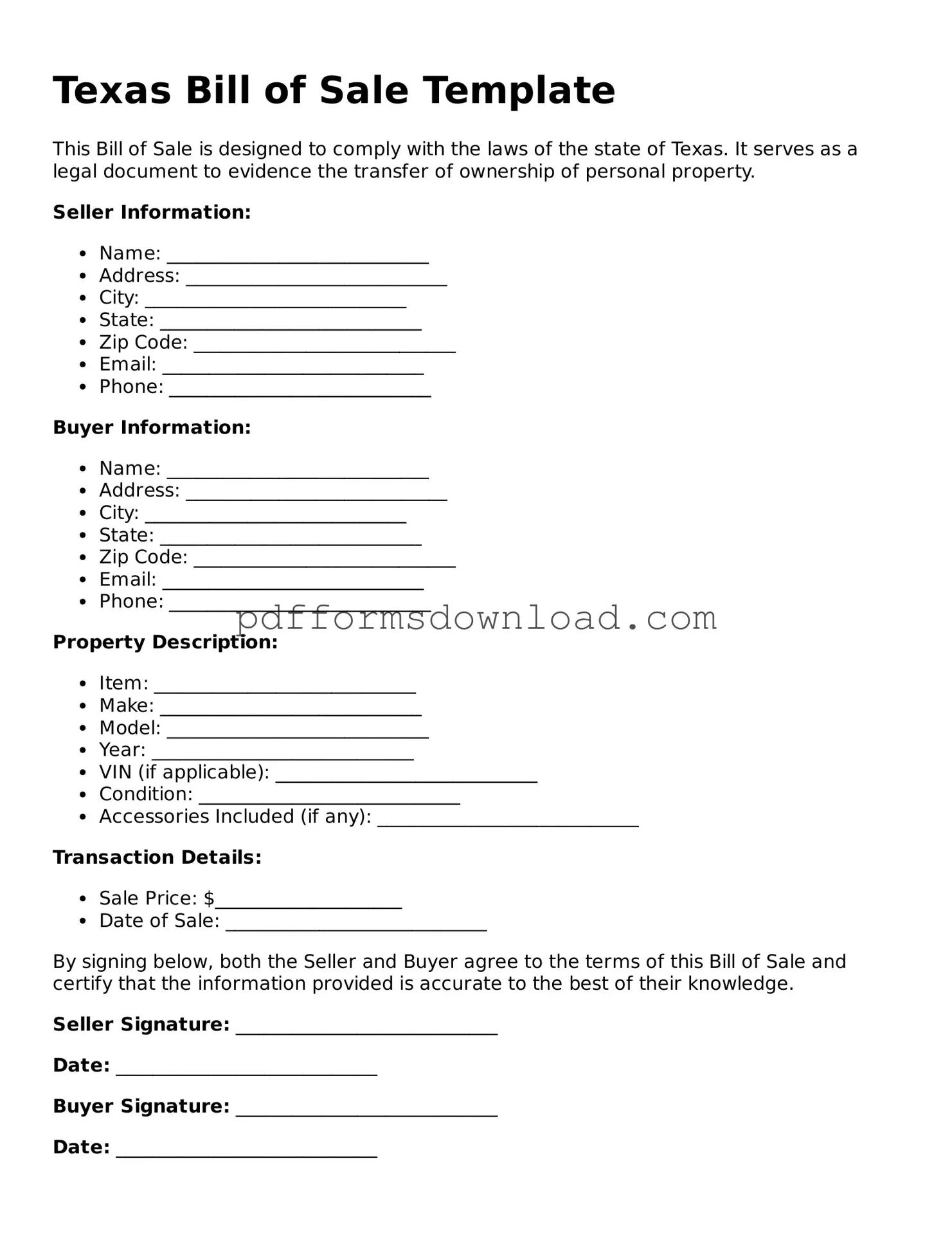 Printable Texas Bill of Sale Form