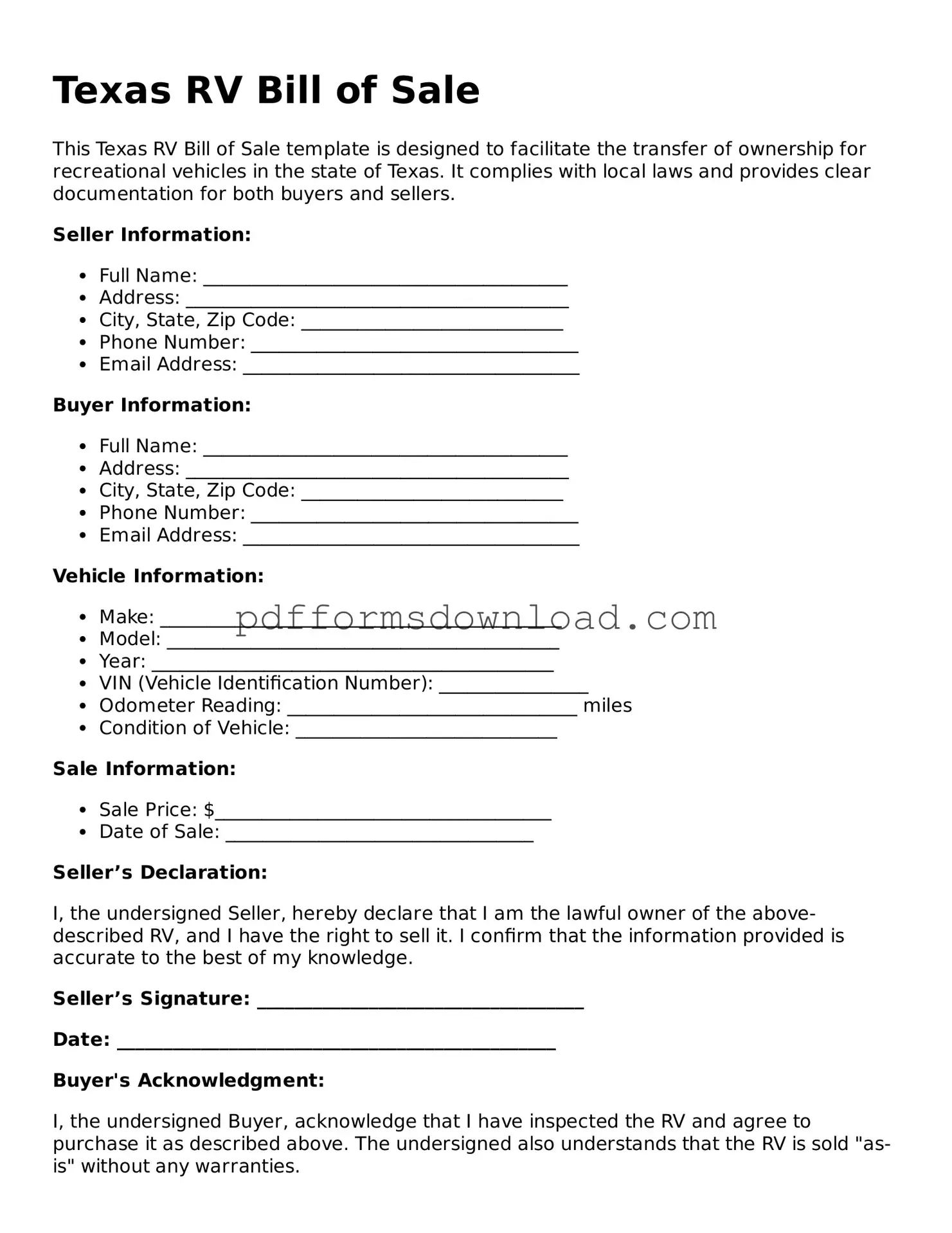 Printable Texas RV Bill of Sale Form