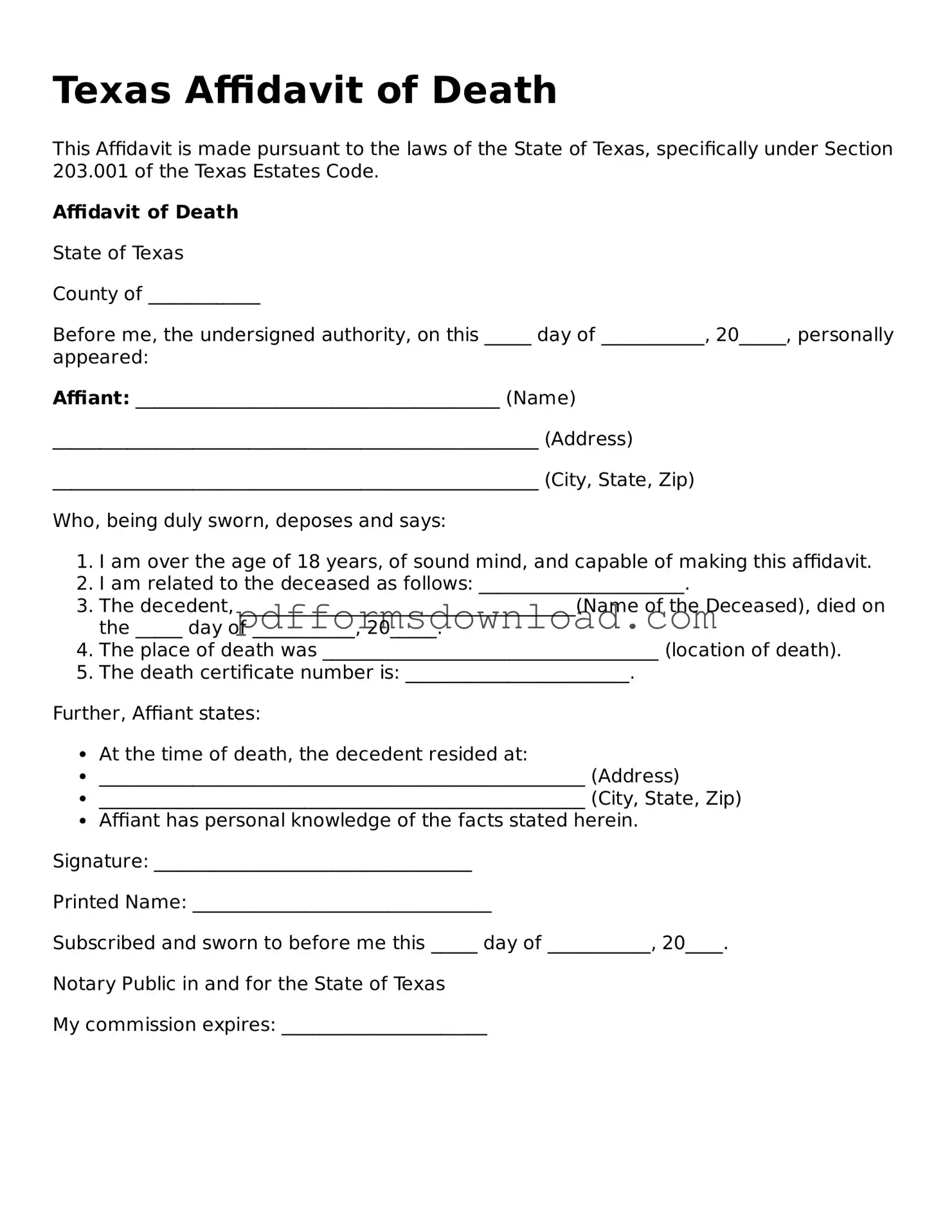 Printable Texas Affidavit of Death Form