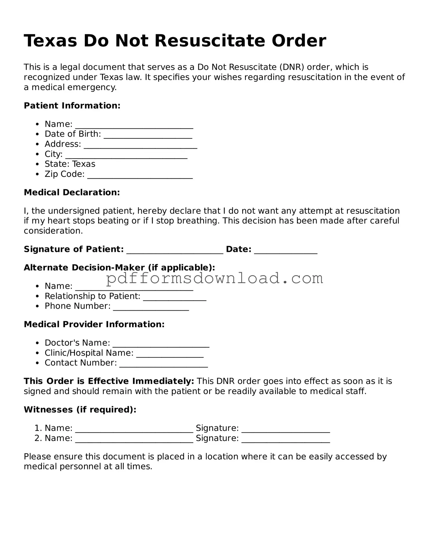 Printable Texas Do Not Resuscitate Order Form