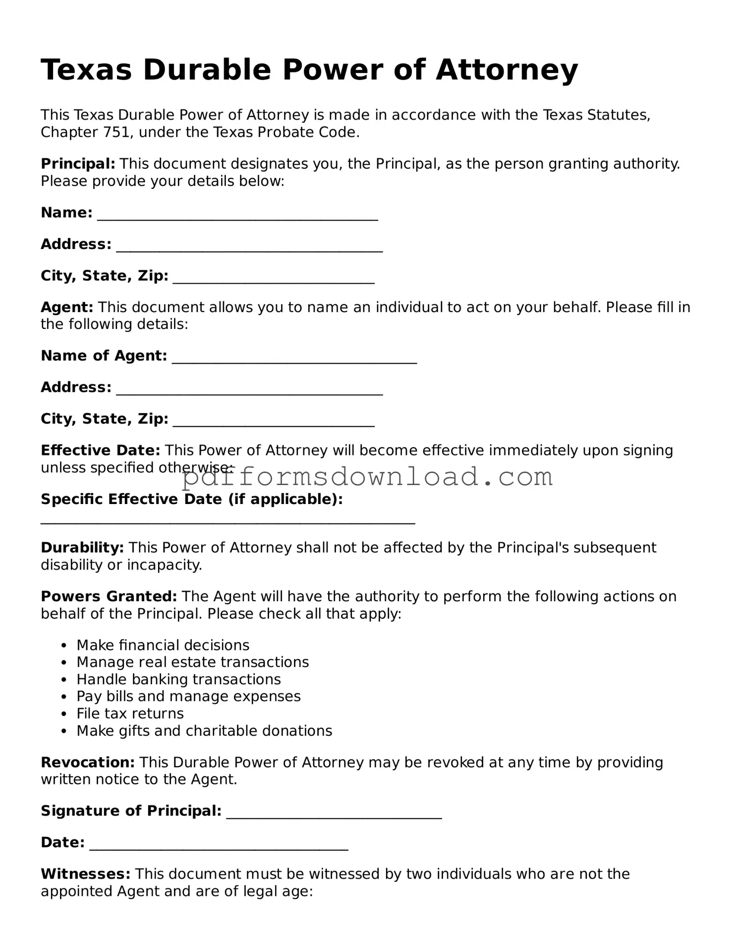 Printable Texas Durable Power of Attorney Form