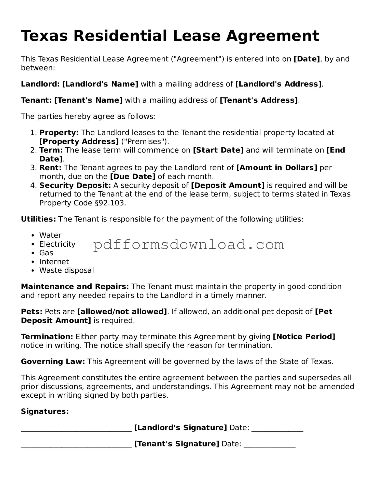 Printable Texas Residential Lease Agreement Form