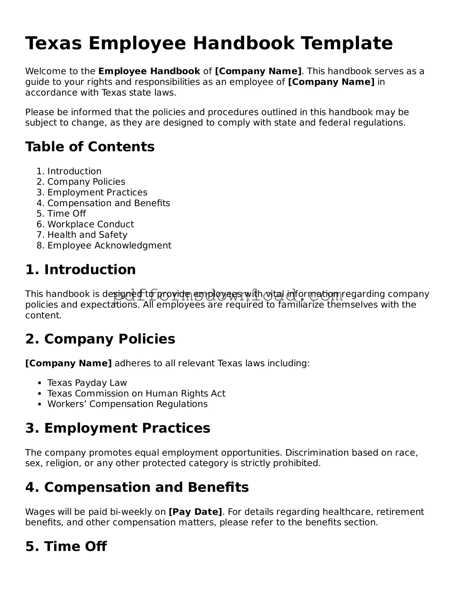 Printable Texas Employee Handbook Form