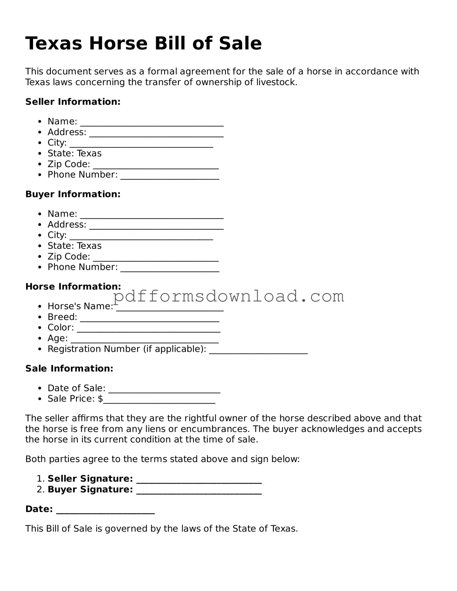 Printable Texas Horse Bill of Sale Form