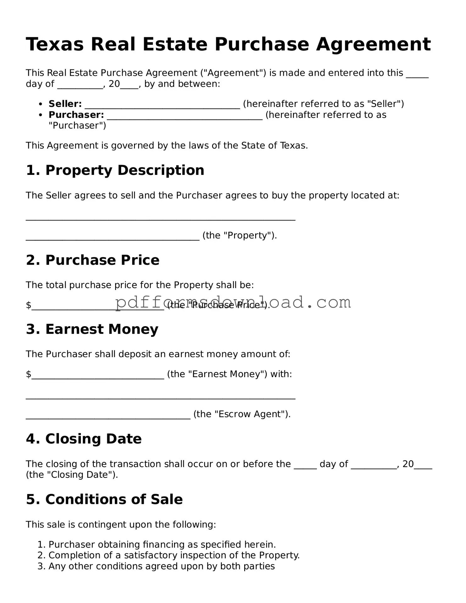 Printable Texas Real Estate Purchase Agreement Form