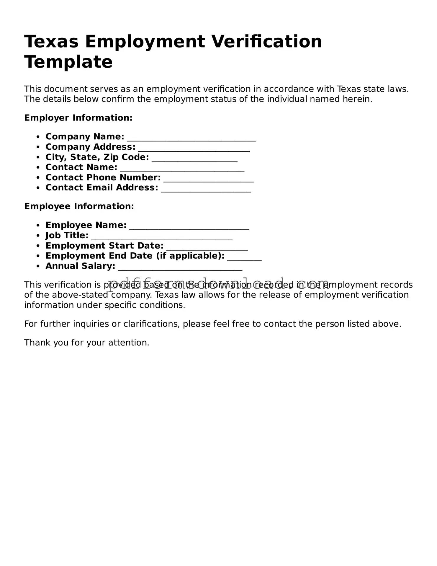 Printable Texas Employment Verification Form