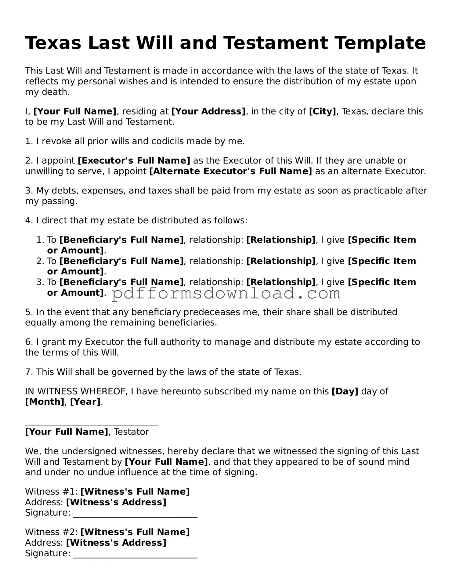 Printable Texas Last Will and Testament Form