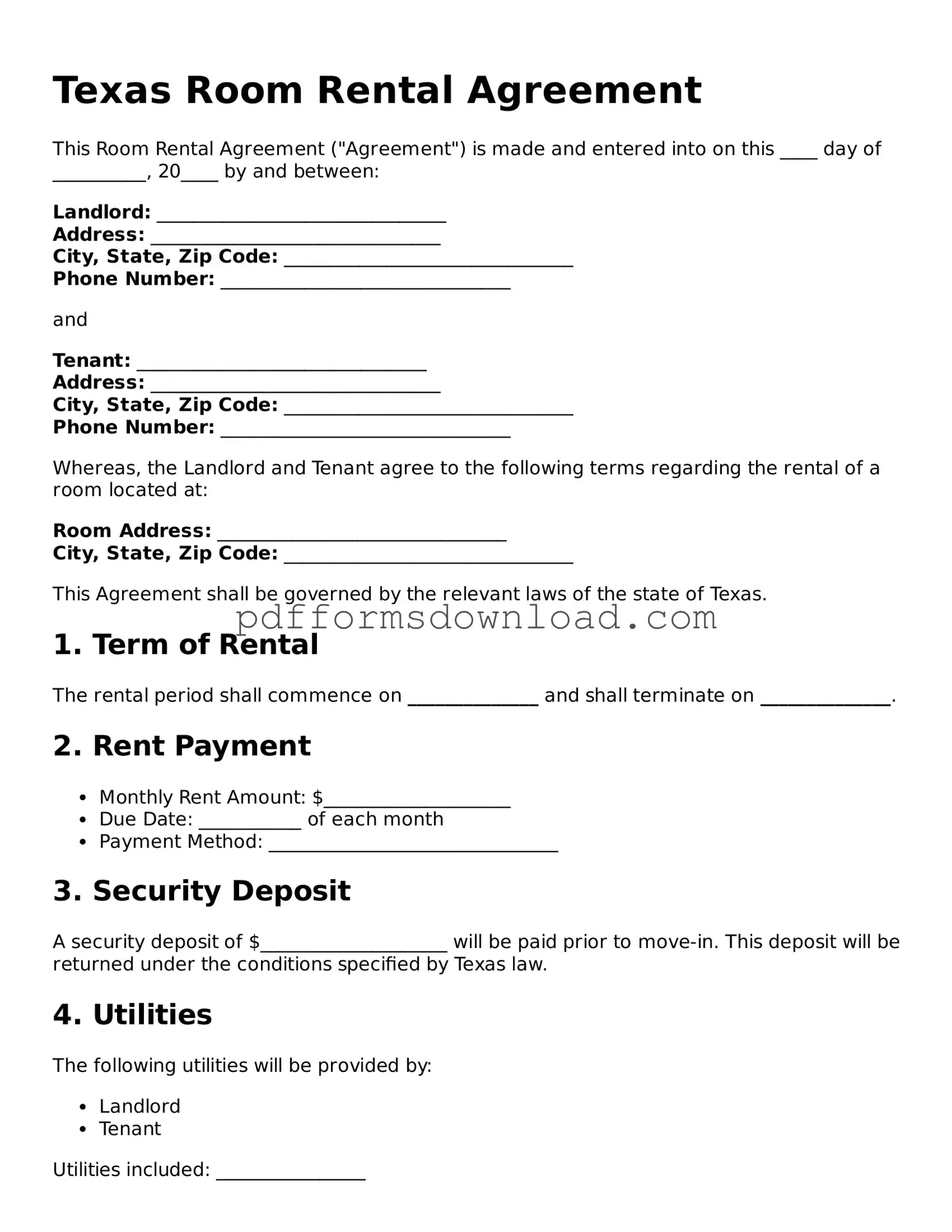 Printable Texas Room Rental Agreement Form